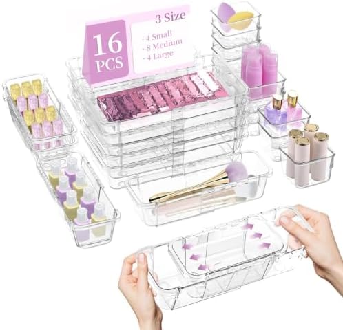 16-Pcs Clear Extendable Drawer Organizers, 3 Sizes with Adjustable Design