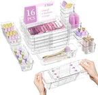 16-Pcs Clear Extendable Drawer Organizers, 3 Sizes with Adjustable Design