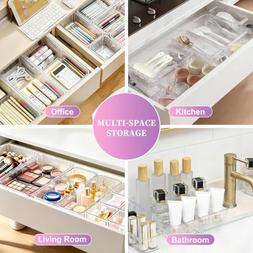 16-Pcs Clear Extendable Drawer Organizers, 3 Sizes with Adjustable Design