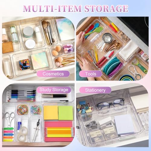 16-Pcs Clear Extendable Drawer Organizers, 3 Sizes with Adjustable Design