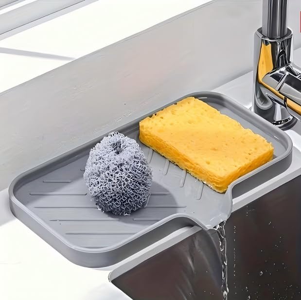 1Pc Gray Silicone Sink Tray Sponge Holder, Self-Draining Soap Dish Caddy Pad for Kitchen Counter & Bathroom, Waterproof Storage Organizer