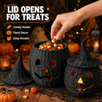 Rattan Halloween Pumpkin Lamp Figurine, Halloween Candy Basket, Handwoven Halloween Jack O Lantern Lamp, Trick or Treat Bucket with Pumpkin Lights, Halloweens Treat Bag Lamp (11.8×6.3in Black)
