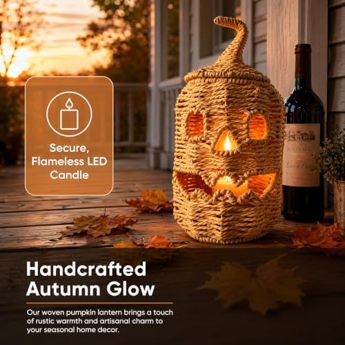 Rattan Halloween Pumpkin Lamp Figurine, Halloween Candy Basket, Handwoven Halloween Jack O Lantern Lamp, Trick or Treat Bucket with Pumpkin Lights, Halloweens Treat Bag Lamp (11.8×6.3in Black)