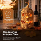 Rattan Halloween Pumpkin Lamp Figurine, Halloween Candy Basket, Handwoven Halloween Jack O Lantern Lamp, Trick or Treat Bucket with Pumpkin Lights, Halloweens Treat Bag Lamp (11.8×6.3in Black)