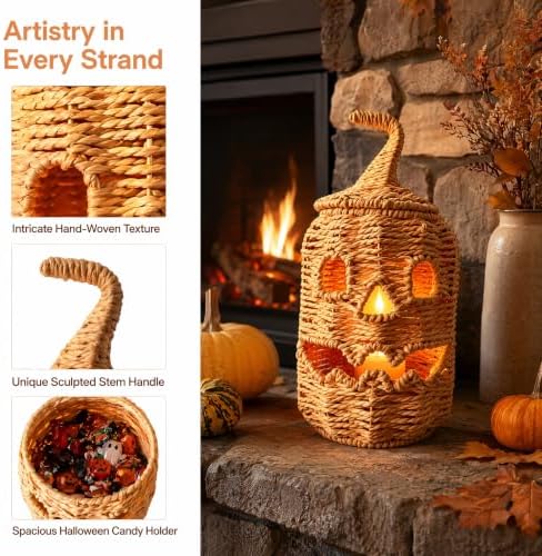 Rattan Halloween Pumpkin Lamp Figurine, Halloween Candy Basket, Handwoven Halloween Jack O Lantern Lamp, Trick or Treat Bucket with Pumpkin Lights, Halloweens Treat Bag Lamp (11.8×6.3in Black)