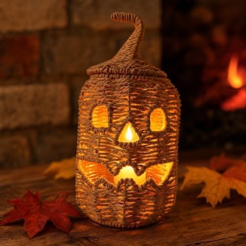 Rattan Halloween Pumpkin Lamp Figurine, Halloween Candy Basket, Handwoven Halloween Jack O Lantern Lamp, Trick or Treat Bucket with Pumpkin Lights, Halloweens Treat Bag Lamp (11.8×6.3in Black)