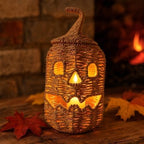 Rattan Halloween Pumpkin Lamp Figurine, Halloween Candy Basket, Handwoven Halloween Jack O Lantern Lamp, Trick or Treat Bucket with Pumpkin Lights, Halloweens Treat Bag Lamp (11.8×6.3in Black)