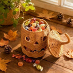 Rattan Halloween Pumpkin Lamp Figurine, Halloween Candy Basket, Handwoven Halloween Jack O Lantern Lamp, Trick or Treat Bucket with Pumpkin Lights, Halloweens Treat Bag Lamp (11.8×6.3in Black)