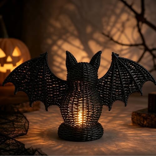 Handwoven Wicker Halloween Bat Lamp Figurine, Gothic Home Decor, Halloween Candy Basket & Trick or Treat Bucket, Rustic Rattan Lantern for Fall Harvest Spooky Tabletop Storage