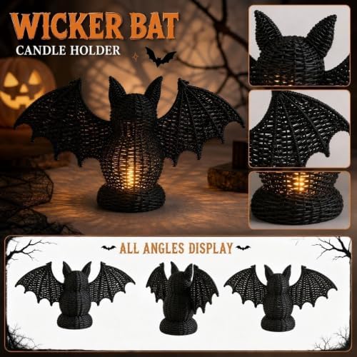 Handwoven Wicker Halloween Bat Lamp Figurine, Gothic Home Decor, Halloween Candy Basket & Trick or Treat Bucket, Rustic Rattan Lantern for Fall Harvest Spooky Tabletop Storage