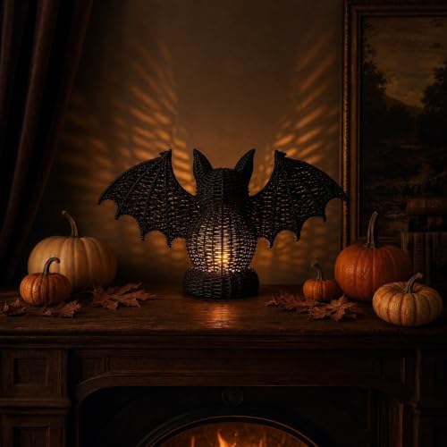 Handwoven Wicker Halloween Bat Lamp Figurine, Gothic Home Decor, Halloween Candy Basket & Trick or Treat Bucket, Rustic Rattan Lantern for Fall Harvest Spooky Tabletop Storage