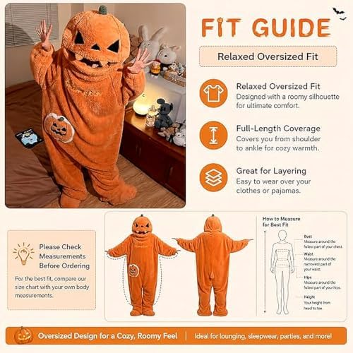 Halloween Pumpkin Onesie Adult, Plush Hooded Costume Pajamas, Cozy Unisex Loungewear for Party Home Wear