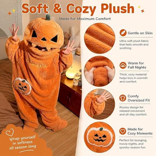 Halloween Pumpkin Onesie Adult, Plush Hooded Costume Pajamas, Cozy Unisex Loungewear for Party Home Wear