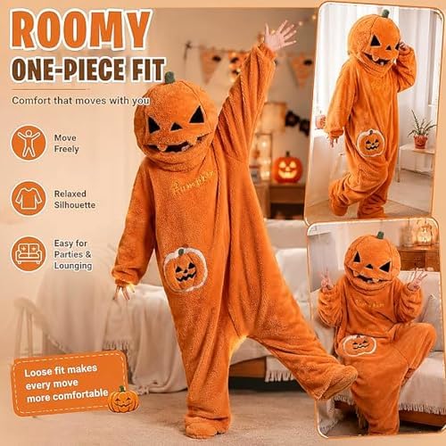 Halloween Pumpkin Onesie Adult, Plush Hooded Costume Pajamas, Cozy Unisex Loungewear for Party Home Wear