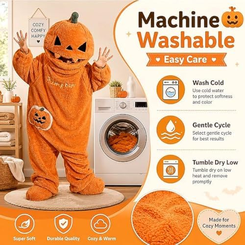 Halloween Pumpkin Onesie Adult, Plush Hooded Costume Pajamas, Cozy Unisex Loungewear for Party Home Wear