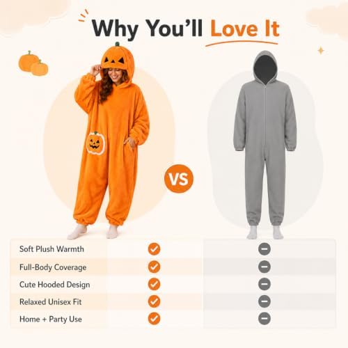 Halloween Pumpkin Onesie Adult, Plush Hooded Costume Pajamas, Cozy Unisex Loungewear for Party Home Wear