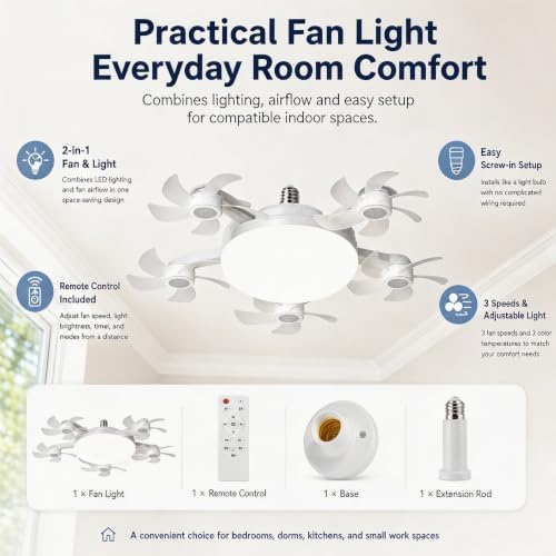 Socket Fan Light with Remote, Ceiling Fan with Lights E26/B22 Screw,