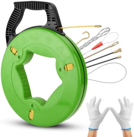 197FT 4.5mm Fish Tape Wire Puller, with 7 pcs Leader Tip and Gloves（Green）