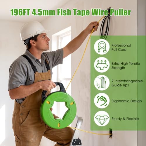 197FT 4.5mm Fish Tape Wire Puller, with 7 pcs Leader Tip and Gloves（Green）