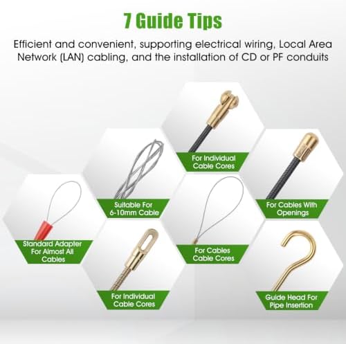 197FT 4.5mm Fish Tape Wire Puller, with 7 pcs Leader Tip and Gloves（Green）