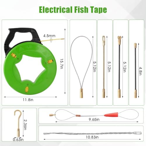 197FT 4.5mm Fish Tape Wire Puller, with 7 pcs Leader Tip and Gloves（Green）