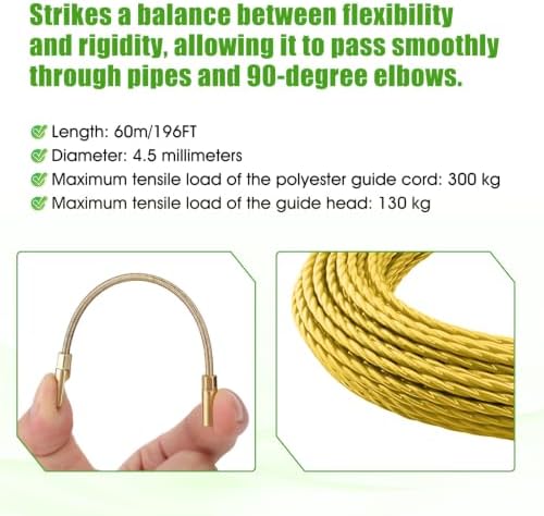 197FT 4.5mm Fish Tape Wire Puller, with 7 pcs Leader Tip and Gloves（Green）