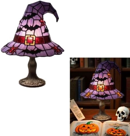 Stained Glass Style Witch Hat Lamp, Halloween Tiffany Style Resin Table Light, Gothic Wizard Night Light Accent Decor for Bedroom, Bookshelf and Home Office Desk (7.87in Purple Bat)