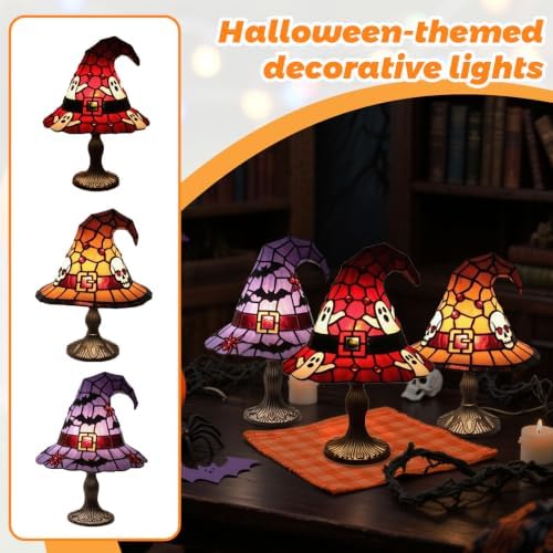 Stained Glass Style Witch Hat Lamp, Halloween Tiffany Style Resin Table Light, Gothic Wizard Night Light Accent Decor for Bedroom, Bookshelf and Home Office Desk (7.87in Purple Bat)