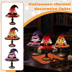 Stained Glass Style Witch Hat Lamp, Halloween Tiffany Style Resin Table Light, Gothic Wizard Night Light Accent Decor for Bedroom, Bookshelf and Home Office Desk (7.87in Purple Bat)