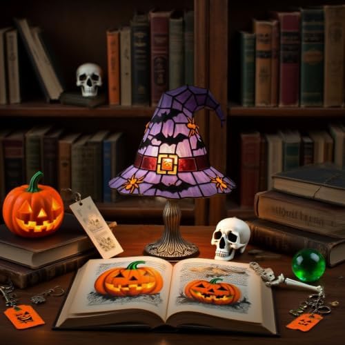 Stained Glass Style Witch Hat Lamp, Halloween Tiffany Style Resin Table Light, Gothic Wizard Night Light Accent Decor for Bedroom, Bookshelf and Home Office Desk (7.87in Purple Bat)