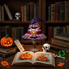 Stained Glass Style Witch Hat Lamp, Halloween Tiffany Style Resin Table Light, Gothic Wizard Night Light Accent Decor for Bedroom, Bookshelf and Home Office Desk (7.87in Purple Bat)