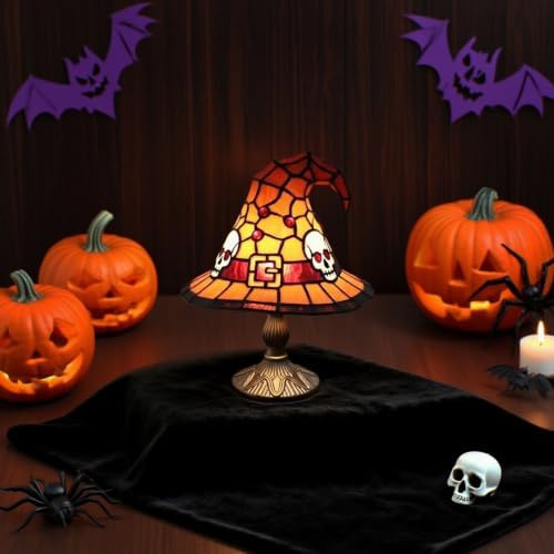Stained Glass Style Witch Hat Lamp, Halloween Tiffany Style Resin Table Light, Gothic Wizard Night Light Accent Decor for Bedroom, Bookshelf and Home Office Desk (7.87in Purple Bat)