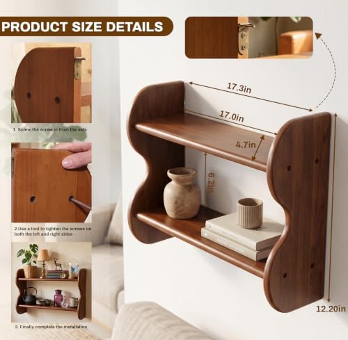 2‑Tier Solid Wood Wall Mounted Shelf, Rustic Floating Storage Display Rack