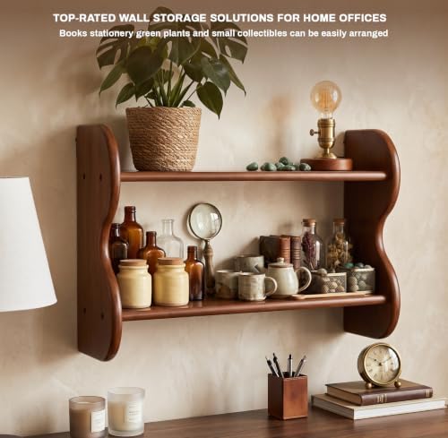 2‑Tier Solid Wood Wall Mounted Shelf, Rustic Floating Storage Display Rack