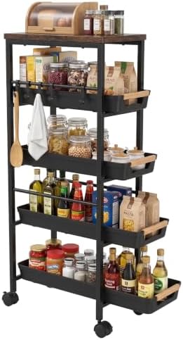 Slim 5-Tier Rolling Storage Cart with Pull-Out Baskets & Wooden Top