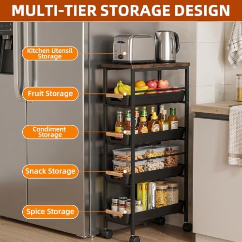 Slim 5-Tier Rolling Storage Cart with Pull-Out Baskets & Wooden Top