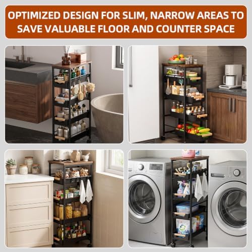Slim 5-Tier Rolling Storage Cart with Pull-Out Baskets & Wooden Top