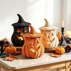 11'' Wicker Pumpkin Lantern Halloween Decor, Handwoven Rattan Halloween Candy Basket Jack O Lantern Candle Holder, Rustic Witch Hat Pumpkin Decoration for Tabletop Porch Mantel (Single-Beige)