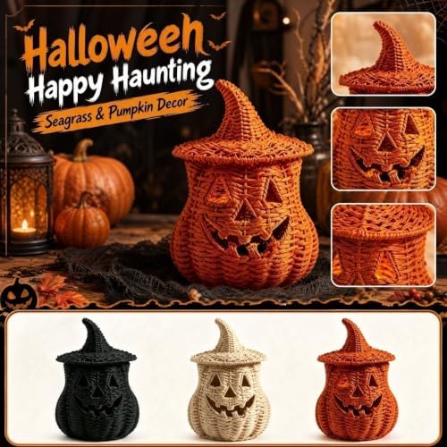 11'' Wicker Pumpkin Lantern Halloween Decor, Handwoven Rattan Halloween Candy Basket Jack O Lantern Candle Holder, Rustic Witch Hat Pumpkin Decoration for Tabletop Porch Mantel (Single-Beige)