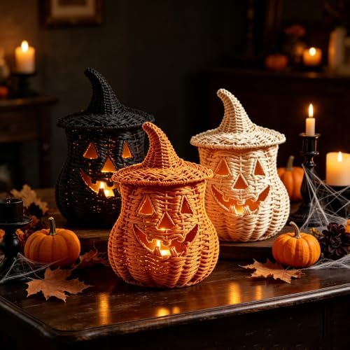 11'' Wicker Pumpkin Lantern Halloween Decor, Handwoven Rattan Halloween Candy Basket Jack O Lantern Candle Holder, Rustic Witch Hat Pumpkin Decoration for Tabletop Porch Mantel (Single-Beige)