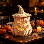 11'' Wicker Pumpkin Lantern Halloween Decor, Handwoven Rattan Halloween Candy Basket Jack O Lantern Candle Holder, Rustic Witch Hat Pumpkin Decoration for Tabletop Porch Mantel (Single-Beige)