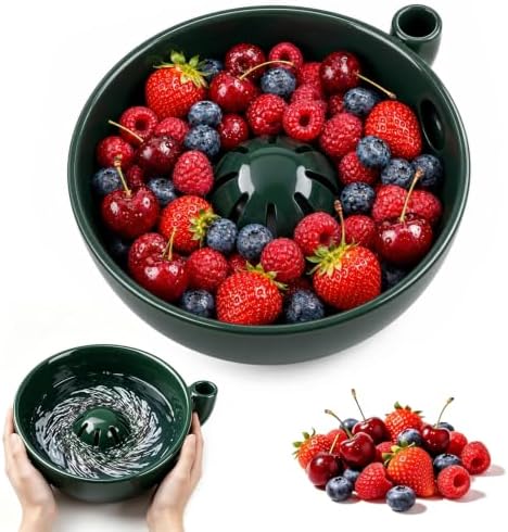 2026 Self Spinning Ceramic Berry Bowl with Holes, Berry Washing Bowl