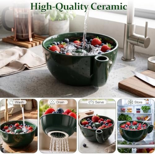 2026 Self Spinning Ceramic Berry Bowl with Holes, Berry Washing Bowl