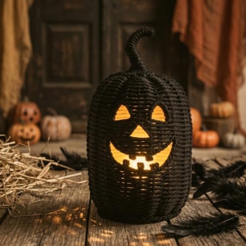 Halloween Decorations - Fall Decor, Premium Wicker Black Pumpkin Lantern, Handwoven Rattan Jack O Lantern Table Lantern, Decorative Pumpkin Lamp for Home Fall Decor Halloween Decor (11.8×5.5in)