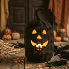 Halloween Decorations - Fall Decor, Premium Wicker Black Pumpkin Lantern, Handwoven Rattan Jack O Lantern Table Lantern, Decorative Pumpkin Lamp for Home Fall Decor Halloween Decor (11.8×5.5in)