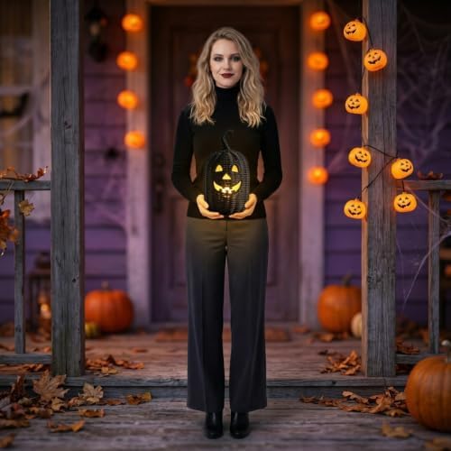 Halloween Decorations - Fall Decor, Premium Wicker Black Pumpkin Lantern, Handwoven Rattan Jack O Lantern Table Lantern, Decorative Pumpkin Lamp for Home Fall Decor Halloween Decor (11.8×5.5in)