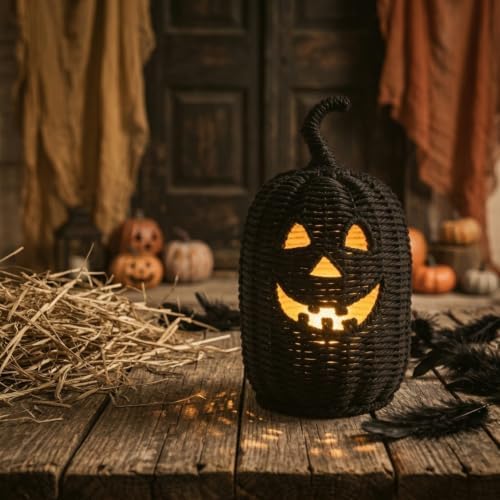 Halloween Decorations - Fall Decor, Premium Wicker Black Pumpkin Lantern, Handwoven Rattan Jack O Lantern Table Lantern, Decorative Pumpkin Lamp for Home Fall Decor Halloween Decor (11.8×5.5in)