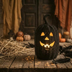 Halloween Decorations - Fall Decor, Premium Wicker Black Pumpkin Lantern, Handwoven Rattan Jack O Lantern Table Lantern, Decorative Pumpkin Lamp for Home Fall Decor Halloween Decor (11.8×5.5in)