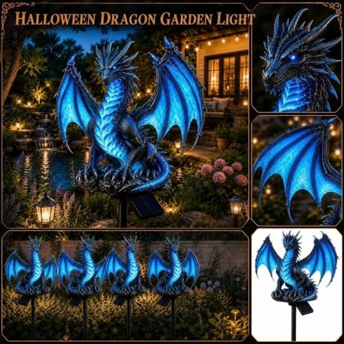 Dragon Legacy Solar Dragon Garden Statue, Dragons Solar Lights Outdoor Resin Lamp, Gothic Garden Decor Figure with LED Lantern for Halloween Decorations, Medieval Yard Ornaments (Blue)