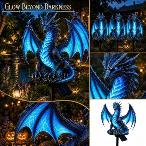 Dragon Legacy Solar Dragon Garden Statue, Dragons Solar Lights Outdoor Resin Lamp, Gothic Garden Decor Figure with LED Lantern for Halloween Decorations, Medieval Yard Ornaments (Blue)